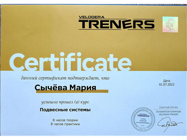 Сертификат Марии Сычёвой по тренировкам на подвесных системах